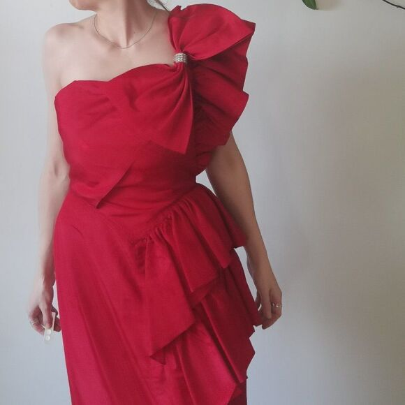 Vintage 90s Cherry one Shoulder Red Party Dress with Side Ruffle and Bow Vday - Picture 4 of 10